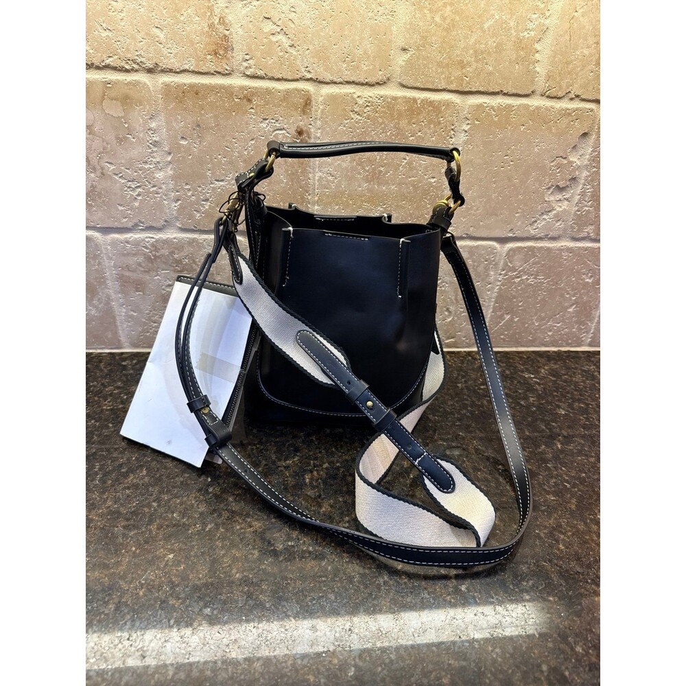 Zara Bucket Bag Black Vegan Leather Antique Gold Hardware White Stitching NEW